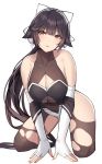  1girl azur_lane black_hair blush breasts brown_eyes cleavage cleavage_cutout collarbone elbow_gloves fingerless_gloves full_body gloves highres large_breasts leaning_forward long_hair looking_at_viewer parted_lips ponytail race_queen simple_background siu_(siu0207) solo takao_(azur_lane) torn_clothes torn_legwear white_background white_gloves 