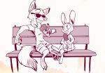  2020 argeshka barefoot bench bottomwear canid canine clothed clothing dessert disney eating eyewear food fox fully_clothed fur hi_res holding_food holding_object ice_cream ice_cream_cone judy_hopps lagomorph leporid looking_at_another mammal nick_wilde open_mouth open_smile pawpads popsicle rabbit red_fox shirt shorts simple_background sitting smile sunglasses t-shirt tongue tongue_out topwear white_background zootopia 