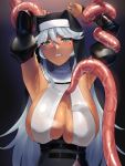  1girl aqua_eyes armpits arms_behind_head arms_up black_dress blush breasts dark_skin detached_sleeves dress habit highres large_breasts latex long_hair mole mole_under_eye nail_polish nun ohlia original restrained silver_hair solo tentacles veil 