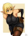  1girl armpits ass bare_shoulders bent_over blonde_hair boots breasts brown_background brown_footwear commentary elf evangelyne freckles green_eyes highres jmg large_breasts pointy_ears raised_eyebrow short_hair signature solo thigh_boots thighhighs wakfu 