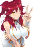  1girl bare_shoulders bike_shorts blush breasts cleavage covered_nipples crop_top ear_piercing freckles gundam gundam_00 highres ippo large_breasts long_hair looking_at_viewer nena_trinity one_eye_closed piercing red_hair shiny shiny_hair shiny_skin simple_background solo standing v white_background yellow_eyes 