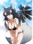  1girl animal_ears beach bikini black_bikini black_hair black_swimsuit blue_eyes blue_sky breasts cleavage cloud collarbone commentary commentary_request day eyebrows_visible_through_hair grey_wolf_(kemono_friends) heterochromia kemono_friends large_breasts looking_at_viewer multicolored_hair open_mouth outdoors palm_tree saijouji_reika sky solo swimsuit tail tree two-tone_hair white_hair wolf_ears wolf_girl wolf_tail yellow_eyes 