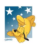  2020 black_ears black_nose canid canine canis collar collar_only crossed_legs disney domestic_dog eyes_closed feral harara hi_res mammal pluto_(disney) signature simple_background sleeping solo star yellow_body 