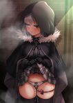  1girl bangs black_cloak black_gloves black_legwear black_shirt blue_eyes blush breasts clip_studio_paint_(medium) cloak closed_mouth fate_(series) fur-trimmed_cloak fur_trim gloves gray_(lord_el-melloi_ii) grey_hair grey_panties grey_skirt highres hood hood_up hooded_cloak lifted_by_self looking_to_the_side lord_el-melloi_ii_case_files panties pussy_juice sekai_saisoku_no_panda shirt skirt skirt_lift thigh_strap thighhighs thighs underwear vibrator 