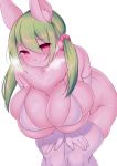  &lt;3 &lt;3_eyes 2020 4_fingers anthro armwear bent_over big_breasts bikini blush bottomless breasts clothed clothing curvy_figure elbow_gloves female fingers fur gloves green_hair hair hands_on_thighs handwear hi_res huge_breasts kemono lagomorph legwear leporid mammal partially_clothed pink_body pink_fur rabbit sakuragiyomi solo squish stockings swimwear thick_thighs thigh_highs thigh_squish voluptuous 