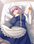  1girl apron blue_dress blue_vest breasts dress eyebrows_visible_through_hair large_breasts lavender_hair letty_whiterock long_sleeves looking_at_viewer lying on_bed open_mouth pillow purple_eyes touhou turtleneck urin vest waist_apron wavy_hair 
