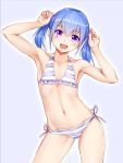  1girl aomoro arms_up bikini blue_hair collarbone commentary_request cowboy_shot flat_chest looking_at_viewer navel open_mouth original purple_eyes side-tie_bikini smile solo standing striped striped_bikini swimsuit twintails upper_teeth 