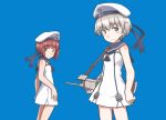  2girls absurdres adapted_turret anchor blue_background blue_eyes blue_sailor_collar brown_eyes cannon clothes_writing commentary_request cowboy_shot dress hat highres kantai_collection looking_at_viewer multiple_girls porusasu red_hair sailor_collar sailor_dress sailor_hat short_dress short_hair silver_hair simple_background sleeveless sleeveless_dress turret white_dress z1_leberecht_maass_(kantai_collection) z3_max_schultz_(kantai_collection) 