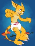  2018 5_fingers anthro black_nose carnival-tricks claws diaper fingers fur hi_res lombax looking_at_self male mammal open_mouth orange_body orange_fur ratchet ratchet_and_clank shredded_clothes solo standing toe_claws video_games 