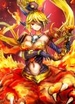  1girl arm_under_breasts armlet bangs bare_shoulders black_gloves blonde_hair bracelet breasts centauroid cleavage closed_mouth commentary_request cowboy_shot dragon_claw dragon_girl dragon_horns dragon_tail dragon_wings duel_monster elbow_gloves eyebrows_behind_hair fire gloves hair_between_eyes harp hatano_kiyoshi headpiece high_ponytail holding holding_instrument horns instrument jewelry large_breasts looking_at_viewer monster_girl music navel navel_cutout playing_instrument queen_dragun_djinn red_background red_eyes shoulder_pads sidelocks simple_background solo tail vambraces wings yuu-gi-ou 