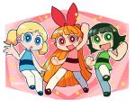  3girls :d black_footwear blonde_hair blossom_(ppg) blue_dress blue_eyes blush_stickers bow bright_pupils bubbles_(ppg) buttercup_(ppg) commentary dress english_commentary green_dress green_eyes green_hair hair_bow hand_up highres long_hair looking_at_viewer multiple_girls open_mouth pantyhose pink_background pink_dress pink_eyes powerpuff_girls rariatto_(ganguri) red_bow shoes short_hair smile standing standing_on_one_leg star_(symbol) twintails twitter_username v-shaped_eyebrows very_long_hair white_legwear white_pupils 