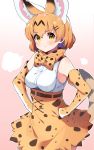  1girl :t animal_ears bare_shoulders belt blonde_hair bow bowtie commentary_request cowboy_shot elbow_gloves extra_ears eyebrows_visible_through_hair gloves hands_on_hips high-waist_skirt highres kemono_friends looking_at_viewer pouch print_gloves print_neckwear print_skirt serval_(kemono_friends) serval_ears serval_girl serval_print serval_tail shirt short_hair skirt sleeveless solo tail takosuke0624 white_shirt yellow_eyes 