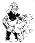  alphys anthro barefoot belly belt big_belly big_breasts boots bottomwear breasts buckteeth cleavage clothed clothing coat duo earhole eye_patch eyewear female fin fish footwear glasses hair head_fin ineffective_clothing jeans lab_coat looking_at_another marine midriff monochrome navel non-mammal_breasts outie_navel pants pregnant reptile scalie sharp_teeth shirt simple_background tank_top teeth thick_tail tincrash topwear undertale undyne video_games 