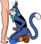  anthro blue_body blue_fur blue_sclera boots cattus_the_one_blade clothed clothing domestic_cat felid feline felis fellatio footwear fur genitals handjob hi_res human human_on_anthro humanoid_genitalia humanoid_penis interspecies kneeling male male/male mammal mighty_magiswords oral pants_down partially_clothed penile penis redout scarf sex simple_background white_background zeigram 