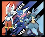  2020 2_toes 3_fingers 3_toes amphibian black_body black_border black_fur blue_body blue_fur blue_skin border canid chest_spike cinderace crouching english_text fingers fur gradient_background greninja group hand_on_hip hand_spike kivwolf lagomorph long_tongue looking_at_viewer lucario mammal membrane_(anatomy) nintendo pattern_background pok&eacute;mon pok&eacute;mon_(species) red_body red_eyes red_fur simple_background smile smirk spikes standing striped_background tan_body tan_fur tan_skin text toes tongue video_games webbed_hands white_body white_fur yellow_body yellow_fur 