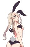  1girl alternate_costume anchor_hair_ornament animal_ears ass bikini black_bikini blonde_hair breasts bunny_ears bunny_tail commentary_request cowboy_shot grey_eyes hair_ornament kantai_collection long_hair profile shimakaze_(kantai_collection) simple_background small_breasts solo swimsuit tail white_background yoru_nai 