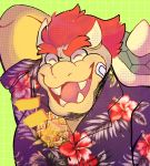  aloha_shirt anthro bandage bandage_on_face bowser eyebrows eyes_closed hair hands_behind_back hi_res koopa male mario_bros nintendo open_mouth palmdees reptile scalie smile smiley_face solo teeth thick_eyebrows video_games 