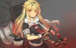  1girl black_gloves black_ribbon black_serafuku blonde_hair fingerless_gloves gloves gradient_hair grey_background hair_flaps hair_ornament hair_ribbon hairclip highres kantai_collection long_hair looking_at_viewer machinery moor multicolored_hair neckerchief red_eyes red_neckwear remodel_(kantai_collection) ribbon scarf school_uniform serafuku smile solo torpedo upper_body white_scarf yuudachi_(kantai_collection) 