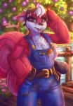 absurd_res anthro belt blue_eyes breasts cleavage clothed clothing denim denim_clothing dialogue dimwitdog english_text eyewear female fur goggles hair hammer hi_res lania_cragg mammal open_mouth red_body red_fur rodent sciurid solo text tools tree_squirrel white_body white_fur white_hair 