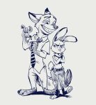  2019 annoyed anthro argeshka barefoot belt bottomwear canid canine cheek_tuft claws clothed clothing crossed_arms dipstick_ears disney duo facial_tuft fox fully_clothed fur grin judy_hopps lagomorph leporid mammal monochrome multicolored_ears necktie nick_wilde pants pawpads police_uniform rabbit red_fox shirt simple_background smile topwear tuft uniform white_background zootopia 