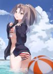  1girl ass ball beachball bikini black_jacket blue_sky blurry brown_eyes cloud commentary_request cowboy_shot day depth_of_field grey_hair high_ponytail highres hood hooded_jacket hoodie jacket kantai_collection long_hair natsuki_(gedo) outdoors side-tie_bikini sky soaking_feet solo standing striped striped_bikini swimsuit zuihou_(kantai_collection) 