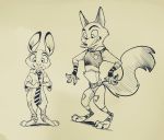  2018 absurd_res anthro argeshka barefoot bottomwear buckteeth canid canine cheek_tuft clothed clothing disney duo facial_tuft fox fully_clothed fur hi_res judy_hopps lagomorph leporid mammal monochrome necktie nick_wilde open_mouth open_smile pants police_uniform rabbit red_fox shirt smile standing teeth topwear tuft uniform zootopia 