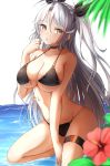  1girl absurdres azur_lane bangs bare_arms bare_shoulders between_legs bikini black_bikini black_choker black_ribbon blurry blurry_foreground blush breasts brown_eyes choker cleavage collarbone commentary_request depth_of_field eyebrows_visible_through_hair flower hair_between_eyes hair_ribbon hand_between_legs hand_up highres horizon large_breasts long_hair looking_at_viewer moyoron multi-strapped_bikini multicolored_hair navel parted_bangs parted_lips prinz_eugen_(azur_lane) prinz_eugen_(unfading_smile)_(azur_lane) red_flower red_hair ribbon silver_hair solo streaked_hair swimsuit thigh_strap two_side_up very_long_hair water white_background 