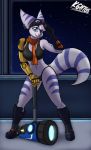  anthro biped blue_eyes clothed clothing digital_media_(artwork) ear_piercing eyewear female goggles goggles_on_head hi_res lamont786 lombax looking_at_viewer mammal neckerchief panties piercing prosthetic prosthetic_arm prosthetic_limb ratchet_and_clank rift_apart_lombax solo stripes underwear video_games weapon 