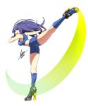  1girl absurdres airisubaka armpits artist_name back bare_shoulders bike_shorts blue_eyes blue_hair breasts cosplay eyebrows_visible_through_hair eyes_visible_through_hair full_body hair_between_eyes hairband high_heels highres kicking large_breasts long_hair looking_at_viewer metroid open_mouth orie_(under_night_in-birth) samus_aran samus_aran_(cosplay) sideboob simple_background sleeveless sports_bra standing standing_on_one_leg teeth tongue under_night_in-birth watermark white_background wristband 