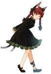  1girl :p animal_ear_fluff animal_ears black_footwear black_ribbon braid cat_ears cat_tail dress extra_ears frilled_skirt frilled_sleeves frills green_dress kaenbyou_rin leg_ribbon long_sleeves looking_at_viewer mary_janes multiple_tails nekomata red_eyes red_hair ribbon shoes short_hair skirt smile solo tail tongue tongue_out touhou twin_braids urin 