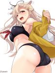  1girl alternate_costume ass black_ribbon black_swimsuit blonde_hair blush breasts hair_flaps hair_ornament hair_ribbon hairclip highres jacket kantai_collection long_hair looking_back looking_down messy_hair one_eye_closed red_eyes red_ribbon remodel_(kantai_collection) ribbon straight_hair sweatdrop swimsuit takase_muu yellow_jacket yuudachi_(kantai_collection) 