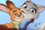  2017 3:2 alternate_species anthro black_nose blue_background brown_body brown_fur buckteeth canid canine clothed clothing cursed_image disney duo fox fur green_eyes grey_body grey_fur judy_hopps lagomorph leporid mammal necktie nick_wilde open_mouth open_smile pink_nose purple_eyes rabbit selfie shirt simple_background smile teeth topwear zootopia zopzopzop 