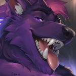  1:1 2020 anthro black_nose bodily_fluids bust_portrait canid canine canis eyebrows fangs fluffy freckles fur hair hi_res horn hybrid inner_ear_fluff looking_at_viewer male mammal one_eye_obstructed open_mouth pink_hair portrait purple_body purple_eyes purple_fur salem_(thydris) saliva saliva_drip saliva_on_tongue signature simple_background smile solo teeth thydris tongue tongue_out tuft whiskers wolf 