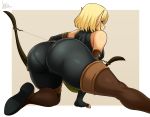  1girl all_fours ass ass_focus black_gloves blonde_hair bodysuit boots bow breasts brown_legwear commentary elf evangelyne fingerless_gloves freckles from_behind gloves green_eyes jmg large_breasts pantylines pointy_ears short_hair solo thick_thighs thigh_boots thighhighs thighs wakfu 