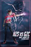  1boy absurdres character_name cosplay electricity fangs finger_gun full_body glasses guxue_(gamer) hangzhou_spark highres jersey navel official_art overwatch overwatch_league pants poster real_life shoes sneakers winston_(overwatch) winston_(overwatch)_(cosplay) 