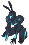  2018 alien all_fours arm_cannon armor bioluminescence blue_blush blush bunny_costume carapace clothing costume dark_samus female glowing humanoid kneeling metroid metroid_(species) nintendo scut_tail simple_background solo vein video_games weeeps white_background 