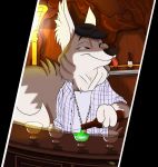  alcohol anthro bad_guy_cafe bar beret beverage blep blue_eyes canid canine canis clothing dog_tags fur grey_body grey_fur hat headgear headwear hi_res male mammal mick_fries ocerydia one_eye_closed solo tongue tongue_out white_body white_fur wink wolf 