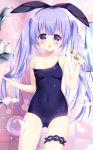  1girl ass_visible_through_thighs bathroom blue_hair blush breasts bubble cameltoe covered_navel garters groin hatsuhi highres indoors long_hair open_mouth original purple_eyes ribbon school_swimsuit shower_head showering small_breasts solo strap_slip swimsuit thighs twintails 