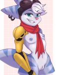  anthro blue_eyes breasts ear_piercing eyewear female fur genitals goggles goggles_on_head grin hair hyubrys lombax mammal mechanical_arm nipples piercing prosthetic prosthetic_arm prosthetic_limb pussy ratchet_and_clank rift_apart_lombax scarf simple_background smile solo standing stripes video_games 