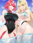  2girls bangs bare_shoulders black_swimsuit blonde_hair blue_sky blush breasts chest_jewel cleavage collarbone covered_navel cyicheng earrings hands_on_own_chest highleg highleg_swimsuit hikari_(xenoblade_2) homura_(xenoblade_2) jewelry large_breasts long_hair looking_at_viewer multiple_girls one-piece_swimsuit open_mouth photoshop_(medium) red_eyes red_hair red_swimsuit short_hair sidelocks sky swept_bangs swimsuit thigh_strap thighs tiara two-tone_swimsuit wading water white_swimsuit xenoblade_(series) xenoblade_2 yellow_eyes 