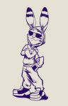  2019 anthro argeshka clothed clothing crossed_arms disney ear_markings earbuds eyewear facial_markings footwear fully_clothed head_markings headphones hi_res hoodie jack_savage lagomorph leporid mammal markings monochrome rabbit shoes simple_background smile solo sunglasses topwear zootopia 