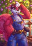 absurd_res belt blue_eyes breasts cleavage clothed clothing denim denim_clothing dimwitdog eyewear female fur goggles hair hammer hi_res lania_cragg mammal open_mouth red_body red_fur rodent sciurid solo tools tree_squirrel white_body white_fur white_hair 