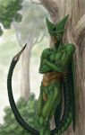  absurd_res arthropod brown_body brown_exoskeleton cell_(dragon_ball) dark_spots dragon_ball dragon_ball_z elytra exoskeleton green_body green_exoskeleton hi_res humanoid hybrid male outside ramul redesign solo spiracles stinger_(anatomy) tree 