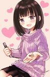  1girl :d bangs black_hair black_skirt blush candy child commentary cowboy_shot dated_commentary eyebrows_visible_through_hair food heart heart_background himawari-san himawari-san_(character) incoming_food looking_at_viewer medium_hair open_mouth pleated_skirt purple_eyes purple_sweater ribbed_sweater signature sitting skirt smile solo sugano_manami sweater valentine younger 