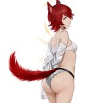  1girl animal_ears arknights arms_behind_back ass back bangs bare_legs bra breasts closed_mouth commentary cowboy_shot detached_wings earrings english_commentary exusiai_(arknights) eyelashes from_side hairband halo highres jewelry kemonomimi_mode kupikuuu looking_at_viewer medium_breasts off_shoulder panties parted_bangs partially_undressed profile red_eyes red_hair shirt short_hair simple_background smile solo tail thighs underwear white_background white_bra white_panties white_shirt wings wolf_ears wolf_tail 