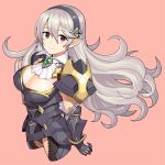  1girl armor black_hairband breasts cleavage closed_mouth corrin_(fire_emblem) corrin_(fire_emblem)_(female) fire_emblem fire_emblem_fates hairband long_hair pointy_ears red_eyes simple_background smile solo umaguti white_hair 