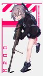  1girl ahoge american_flag anti-materiel_rifle backpack bag bangs barcode bipod black_gloves black_neckwear black_skirt brown_jacket girls_frontline gloves gun headphones headphones_around_neck highres holding holding_gun holding_weapon hood hood_down hooded_jacket jacket kuro_kosyou lavender_eyes looking_at_viewer low_ponytail m200_(girls_frontline) muzzle_brake necktie open_clothes open_jacket open_mouth pleated_skirt pocket rifle running scope shirt shoes sidelocks silver_hair skirt sniper_rifle sniper_scope socks solo untucked_shirt weapon white_shirt 