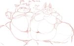  anthro bell belly belly_overhang big_belly blush bulge canid canine crispy_(nekocrispy) deep_navel dewlap_(anatomy) dialogue domestic_cat double_chin duo english_text felid feline felis fox garuda_six guide_lines hand_on_stomach hi_res holding_drink huge_thighs hyper hyper_belly love_handles male mammal morbidly_obese morbidly_obese_male navel obese obese_male overeating overweight overweight_male sketch stuffed_belly text thick_thighs three-quarter_view weight_gain wide_hips 