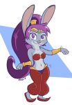  2019 anthro clothed clothing cosplay crossover crossover_cosplay disney female fur grey_body grey_fur judy_hopps lagomorph leporid mammal midriff navel purple_eyes rabbit shantae_(series) simple_background smile solo standing tggeko video_games wayforward zootopia 