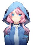  1girl arknights blue_eyes blue_hoodie blue_jacket blue_poison_(arknights) collared_shirt english_commentary frog_eyes frog_girl highres jacket pink_hair shinidei shirt solo tears white_background white_shirt 